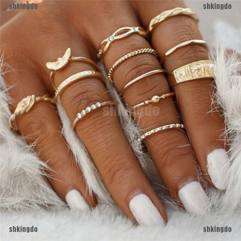 Set 12 chiếc nhẫn màu vàng trang sức thời trang sang trọng cho nữ