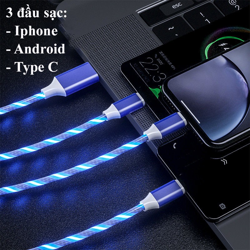 Dây Cáp Sạc 3 Đầu Type C Android Siêu Bền, Sạc Nhanh Dành Cho Iphone Samsung Đèn Led Nhấp Nháy