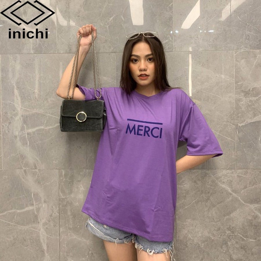 Áo thun tay lỡ Unisex INICHI form rộng phong cách trẻ hình in chữ MERCL - IC655 màu tím