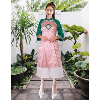 Giá xưởng - áo dài cách tân gấm hình thoi hồng xanh lá