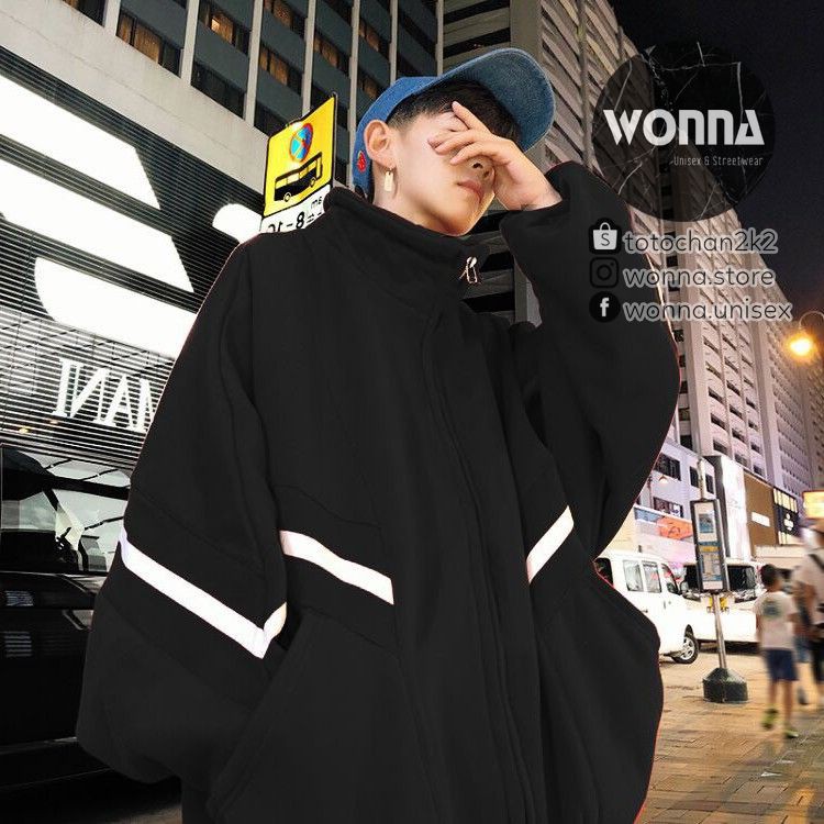 (ORDER) (Kèm ảnh thật) Áo Khoác Nỉ Unisex Ulzzang Oversize Hàn sọc viền trắng form rộng áo nam nữ Quảng Châu đỏ đen | BigBuy360 - bigbuy360.vn