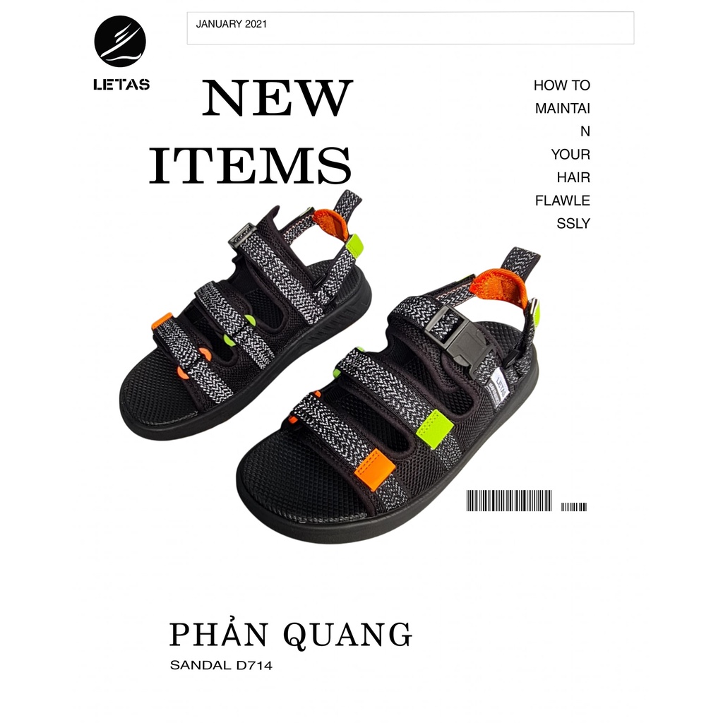 Giày Sandal Nam LETAS Đế Cao 3.5cm Thiết Kế Kiểu 3 Quai Phản Quang