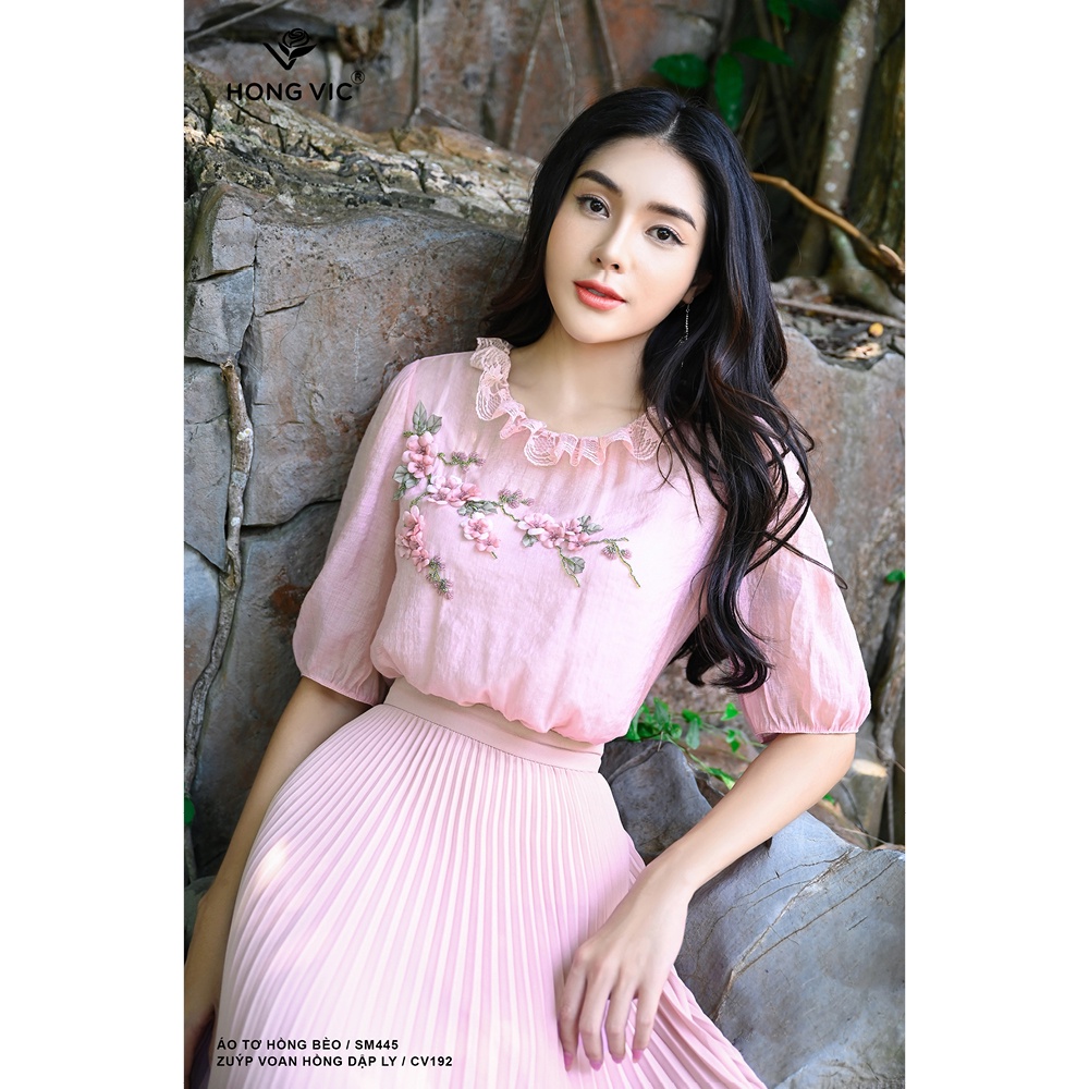 Chân váy nữ thiết kế Hong Vic voan hồng dập ly CV192