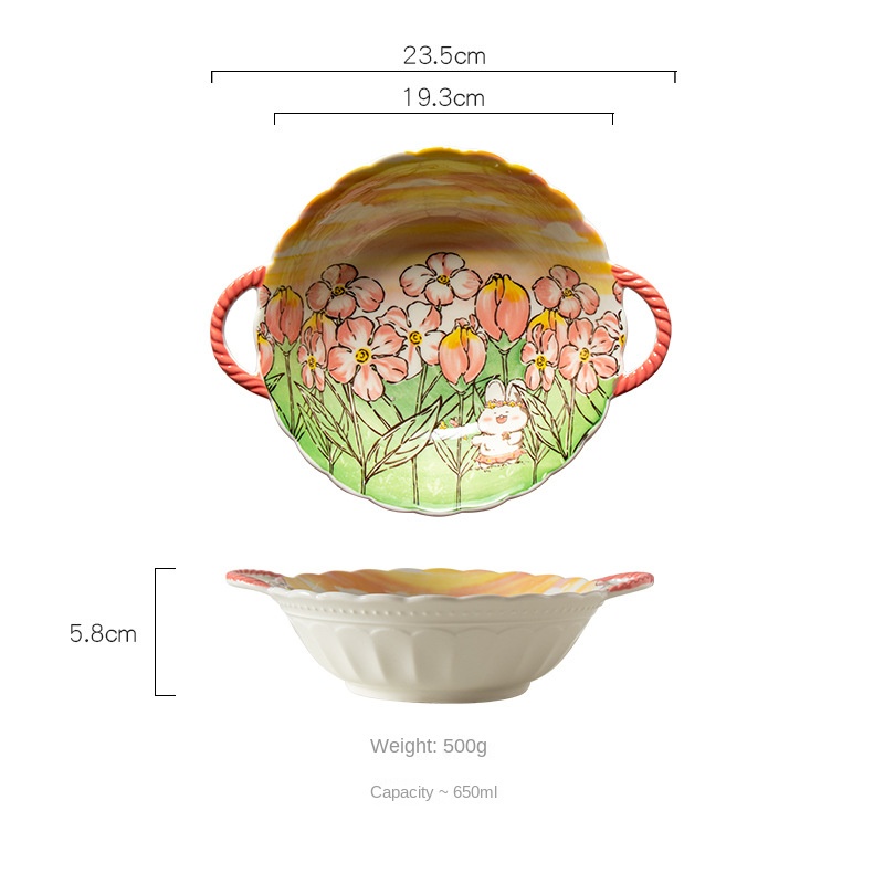 Bát Ăn Mì Bằng Gốm Sứ Họa Tiết Chấm Bi Hai Tai Thỏ Phong Cách Mới