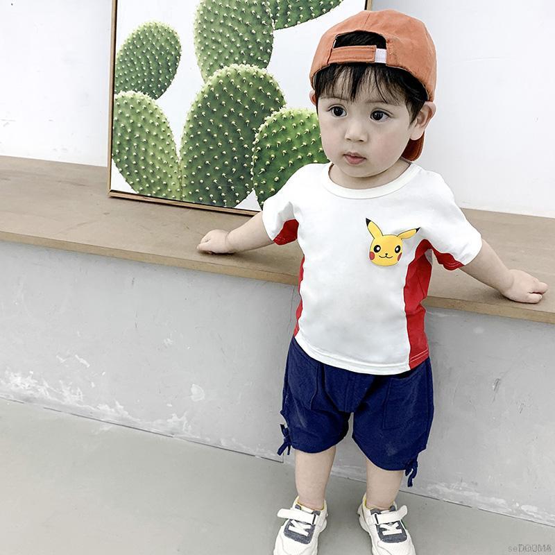 Set Áo Sơ Mi Tay Ngắn Hình Pikachu + Quần Short Thiết Kế Đơn Giản Thời Trang Mùa Hè Dành Cho Bé Trai
