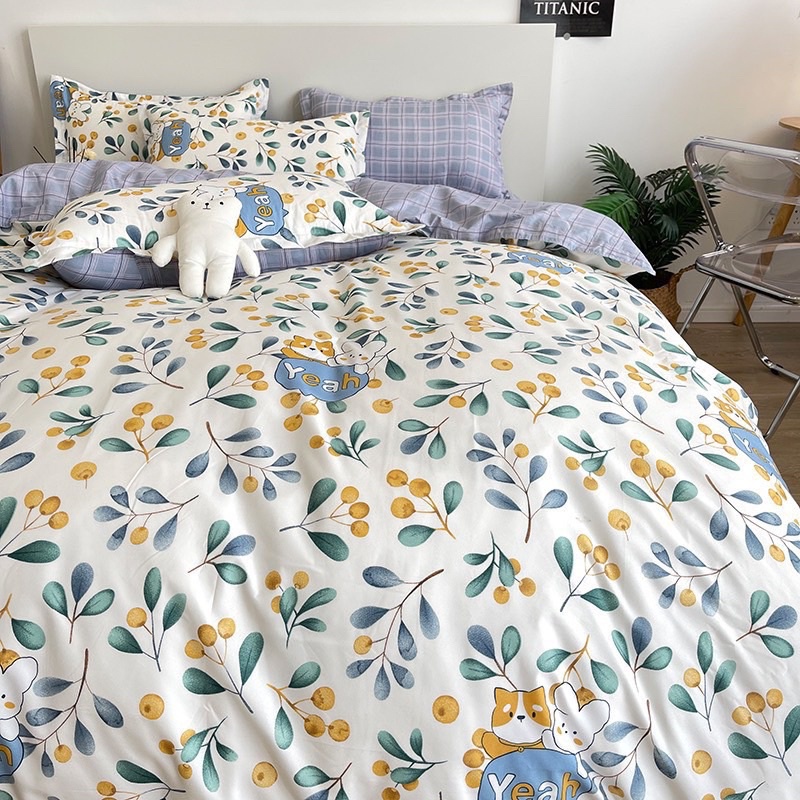 Bộ chăn ga gối Cotton poly Boss Decor Vườn nhỏ, vỏ chăn mền, drap nệm và 2 vỏ gối