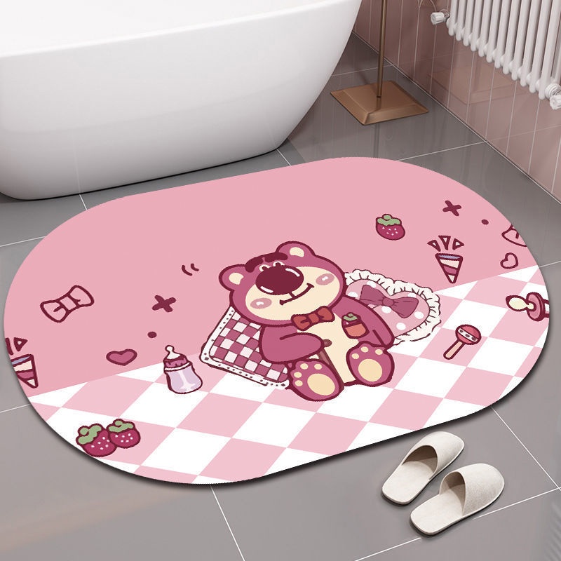 Thảm Chùi Chân Thấm Hút Tốt In Họa Tiết Gấu Dâu Tây Hoạt Hình Đáng Yêu