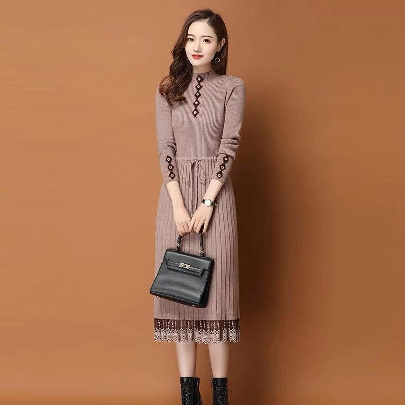 Đầm midi tay dài dệt kim màu trơn phối ren phong cách thanh lịch thời trang dành cho nữ