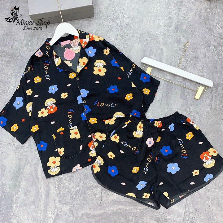 Bộ đồ mặc nhà, bộ ngủ pijama quần đùi áo ngắn tay cánh dơi, phom rộng vải lụa mát lịm hot trend PJ122