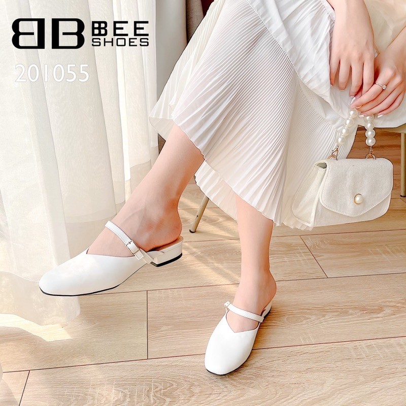 BEESHOES - SỤC NỮ MŨI VUÔNG QUAI NGANG DA LÌ - SỤC NỮ ĐẾ BỆT ĐI SIÊU ÊM SIÊU MỀM SẴN MÀU ĐEN - BE - TRẮNG 201055