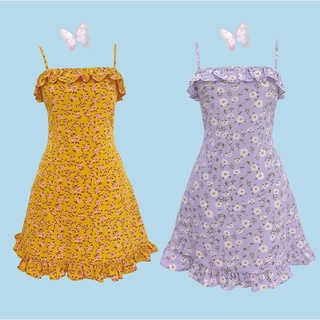 Đầm hai dây hoa nhí viền bèo màu cam và tím Dalla Saigon (SHIP SAU DỊCH)