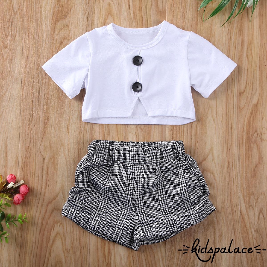 ➤♕❀❤Children Girls Summer Outfits Long Sleeve V Neck Plaid Printed Outwear Jacket Coat + Shorts + Short Sleeve Tank Top