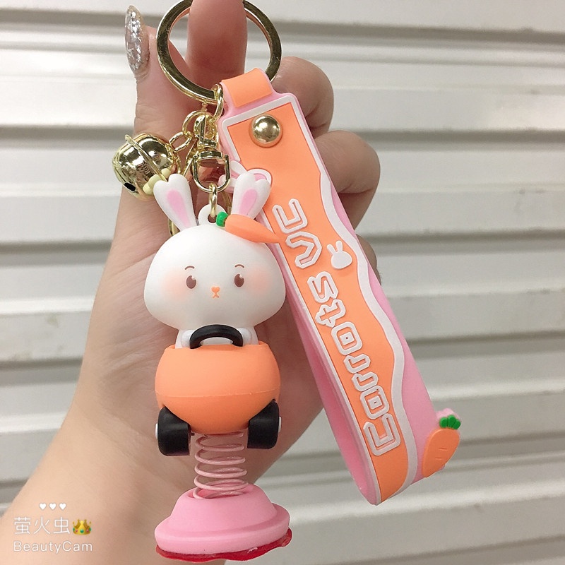 Móc khóa thỏ nhún thỏ lái xe dễ thương làm quà tặng bạn bè người thân, trang trí túi xách balo-Ráp