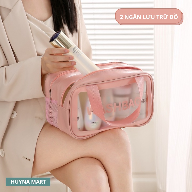 Túi đựng mỹ phẩm 2 ngăn Washbag, chất liệu PVC trong suốt, có tay cầm cao cấp Huyna Mart TD40