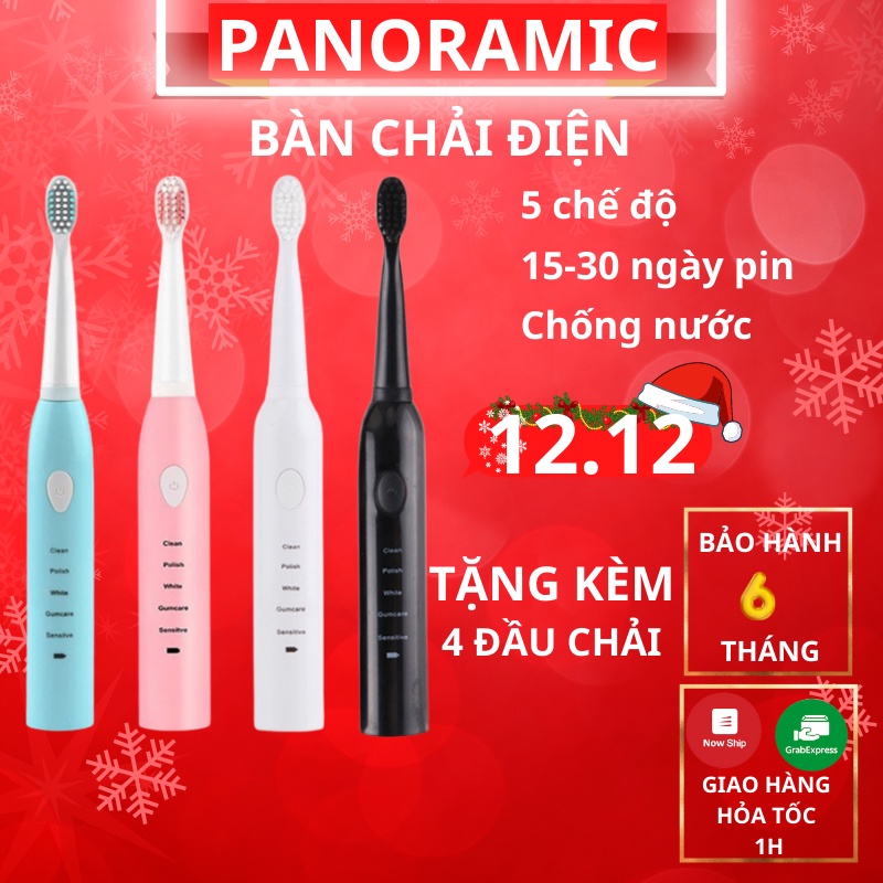 Bàn chải điện tự động đánh răng dùng sạc pin với 5 cấp độ tặng thêm 4 đầu chải thay phù hợp cho cả trẻ em và người lớn