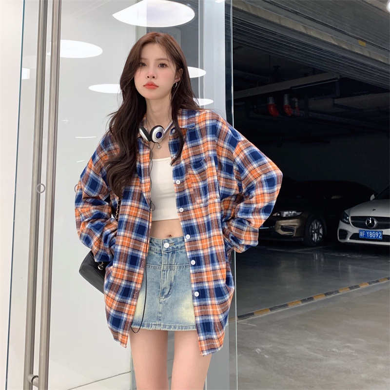 ZHELIHANGFEI Áo Sơ Mi Caro Tay Dài Dáng Rộng Trẻ Trung Hợp Thời Trang Cho Bạn Gái