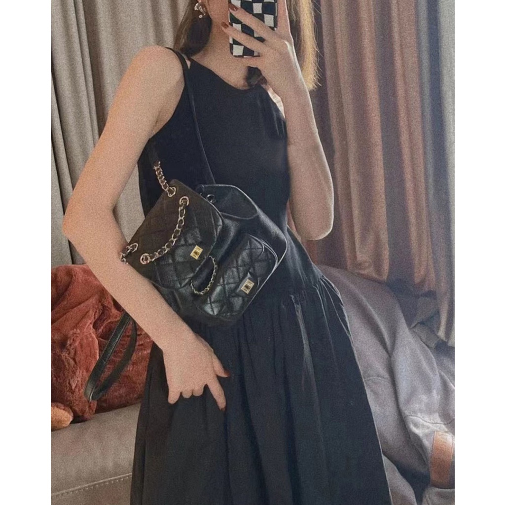 Balo đi học/ du lịch JASMIN NOIR sức chứa lớn phối dây xích lót bông kẻ sọc caro thời trang