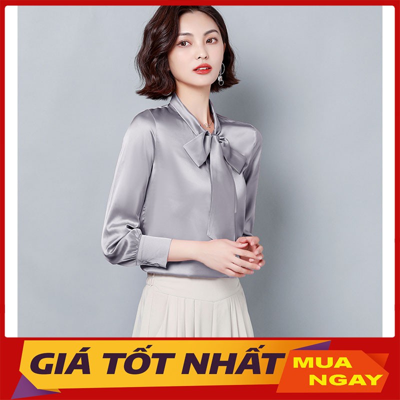 Áo Sơ Mi Nữ Lụa Quảng Châu Cổ Thắt Nơ Siêu Xinh M022