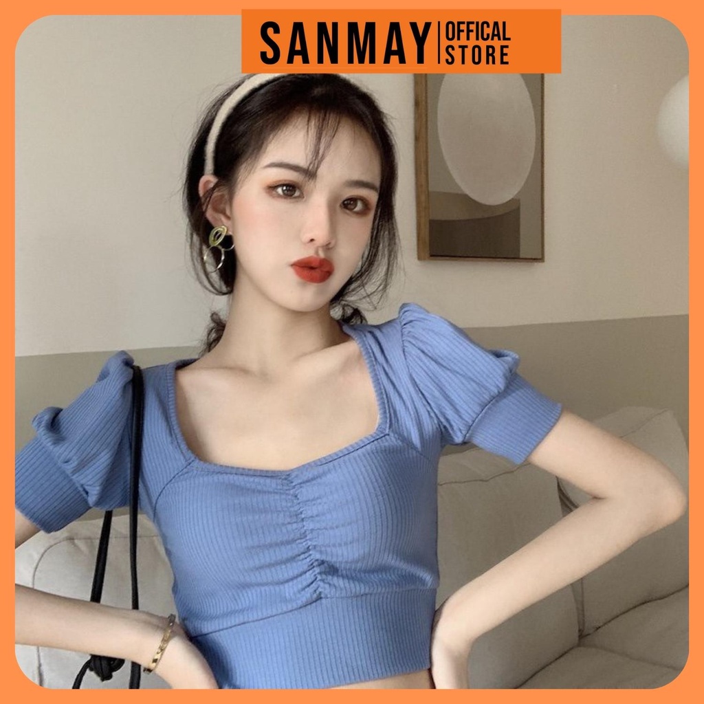 Áo Croptop Nữ Tay Ngắn Ôm Body SANMAY Áo Thun Croptop Tay Phồng Cổ Vuông Đẹp, Kiểu Ulzzang Sexy 5 Màu Đen Trắng AO012