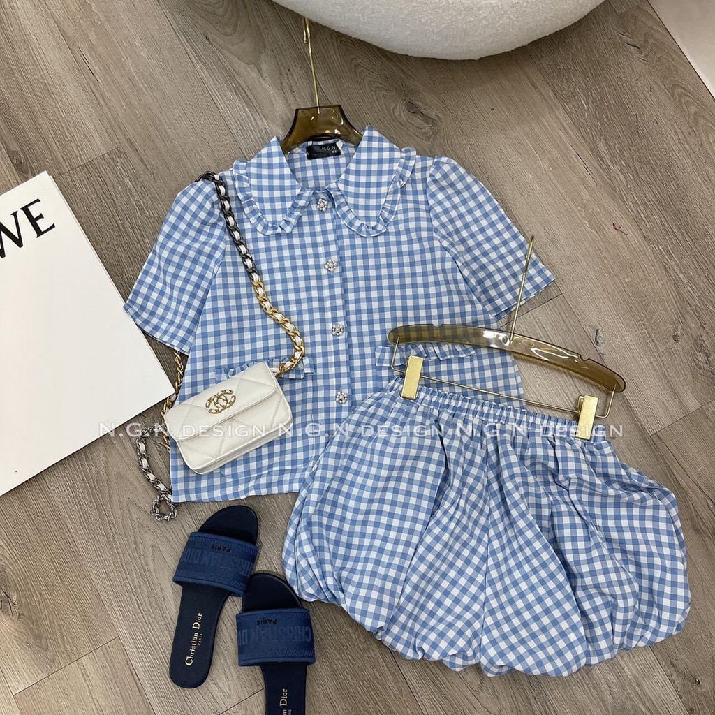 Set bèo kẻ xanh quần boom