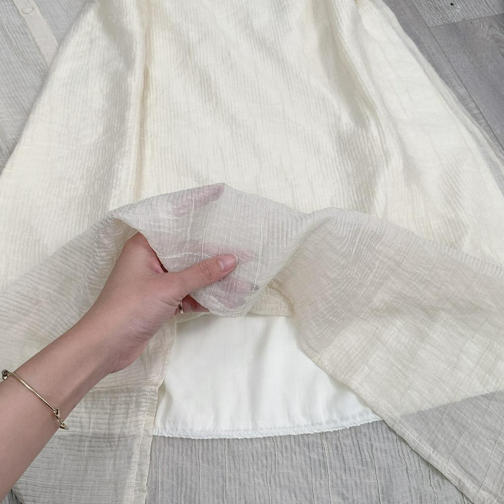 Set Váy Nữ Áo Sơ Mi Nữ Tơ Sọc Kèm Váy 2 Dây Nữ Trơn Dáng Dài Có Lớp Lót Freesize