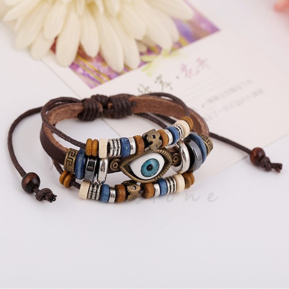Vòng Tay Da Nhiều Lớp Màu Đồng Đính Đá Mắt Quỷ Phong Cách Thổ Nhĩ Kỳ