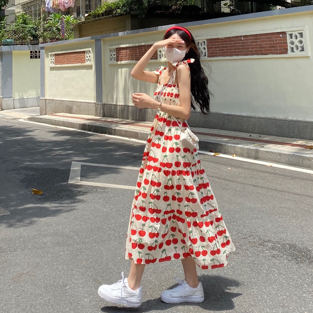 Đầm Hai Dây Họa Tiết Quả Anh Đào Thiết Kế Mới Thời Trang Mùa Hè Pháp Cho Nữ