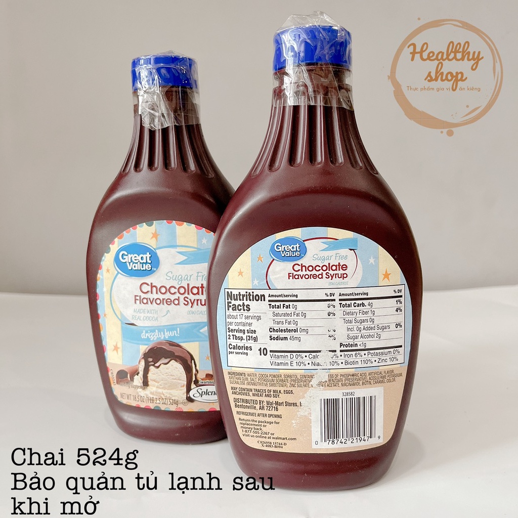 Ăn kiêng Chocolate Syrup không đường GREAT VALUE keto/eatclean/lowcarb/diet