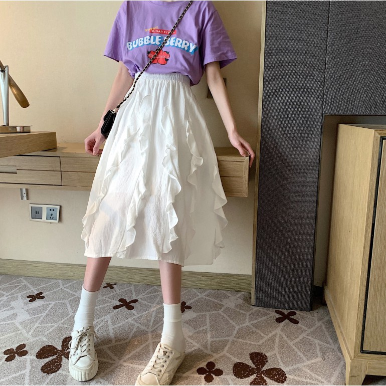 (NEW) Chân váy trắng Midi phối bèo dễ thương dáng dài eo cao Ulzzang Hàn Quốc