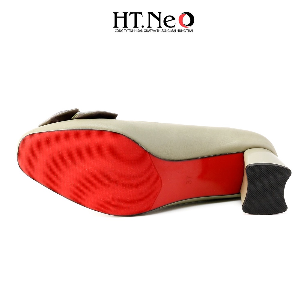 Giày cao gót vuông HT.NEO Thiết kế da bò thật mềm mại, gót cao đến 5cm, đính nơ vải nhẹ nhàng, thanh lịch CS239