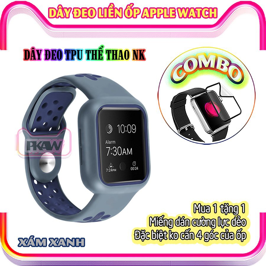 Dây Đeo liền ốp cho Apple Watch 7//6/5/4/3/2/1 size 38/40/41/42/44/45mm TPU Thể Thao Viền Màu NK_Xám Xanh