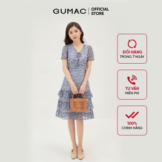 Đầm xòe nữ họa tiết hoa nhí cổ V lai bèo GUMAC màu xanh thanh lịch DB378