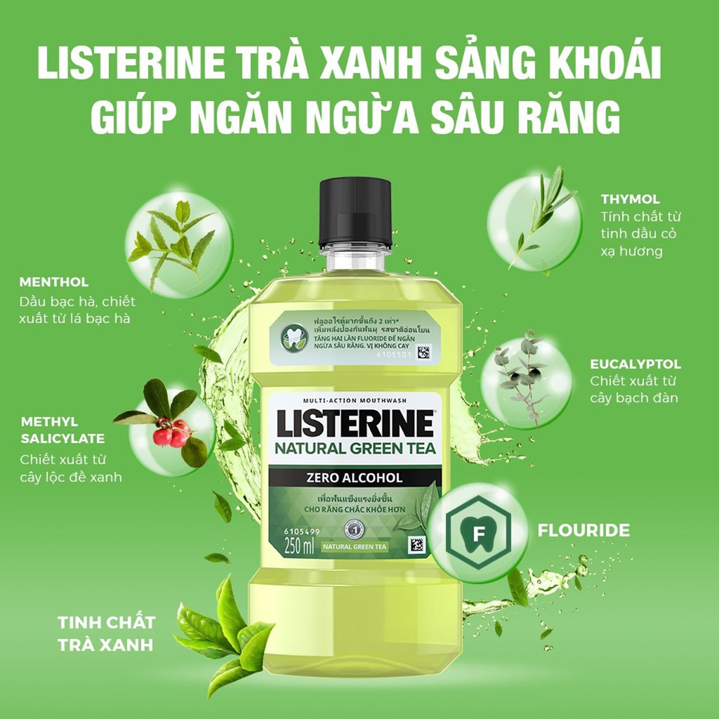 Nước Súc Miệng Listerine Trà Xanh Ngừa Sâu Răng, Hơi Thở Thơm Mát Listerine Green Tea Zero Alcohol Mouthwash 250ml