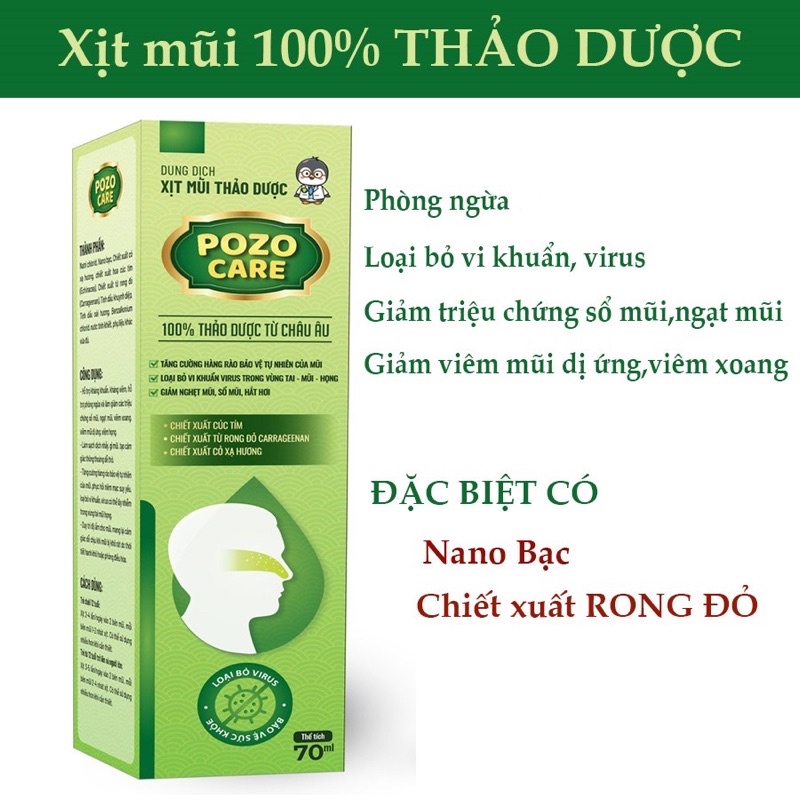 Xịt mũi thảo dược Pozocare giảm nghẹt mũi, sổ mũi, hắt hơi (70ml)