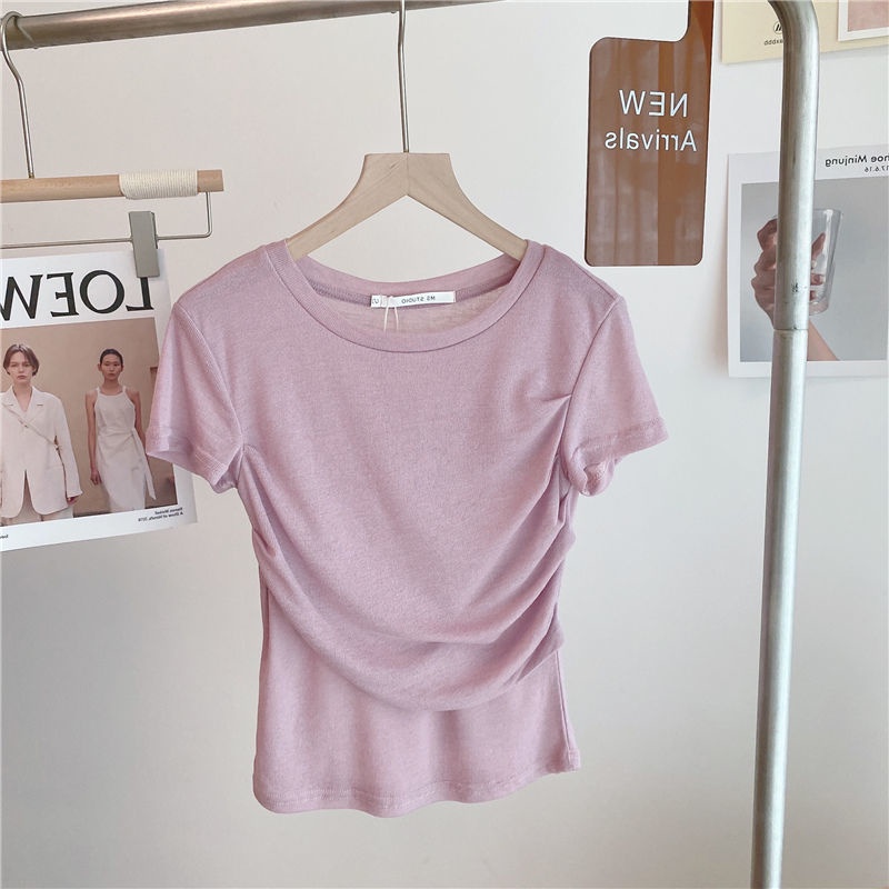 Áo Thun Tay Ngắn Dáng Ôm Xếp Ly Thời Trang Hàng Mới Dành Cho Bạn Nữ Dễ Phối Đồ