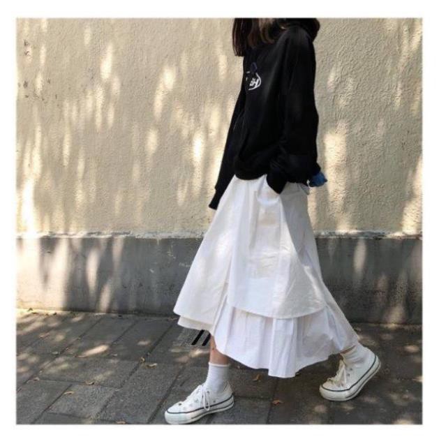 [Ảnh/Video/Có Sẵn]Chân váy dài qua gối, chân váy ulzzang tầng 2 màu đen trắng Quảng Châu | BigBuy360 - bigbuy360.vn