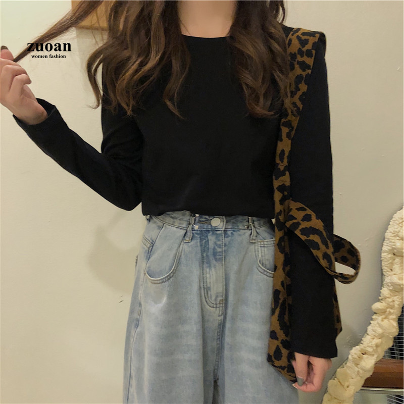 Áo thun SUXI tay dài dáng rộng màu trơn phong cách Hàn Quốc mùa thu đông cho nữ