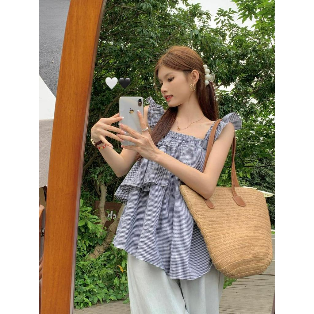 Áo Ống Không Tay Dáng Rộng Họa Tiết Sọc Caro Dễ Thương 63676