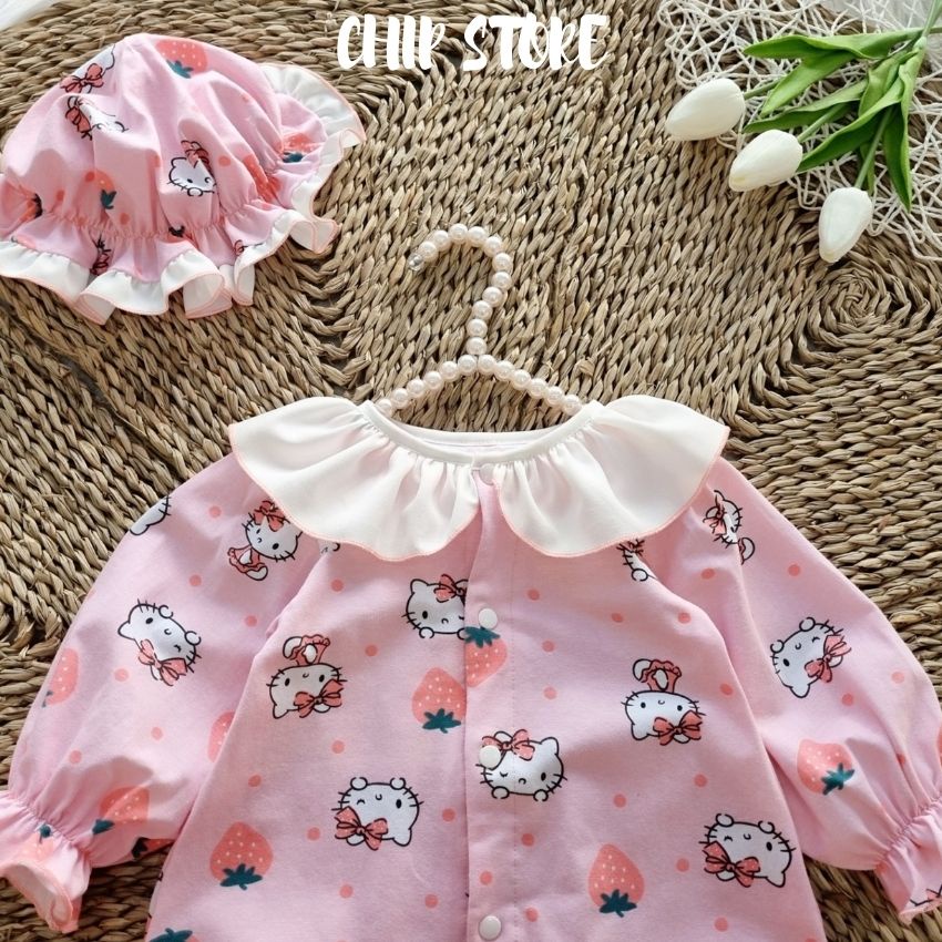 Bodysuit bé gái dài tay thun cotton cao cấp mềm mại in họa tiết đáng yêu, tặng nón + vớ giữ ấm CHIP STORE