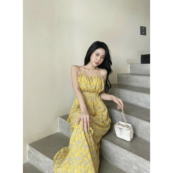 Đầm lụa hoa vàng xoè 2 dây nhún bèo tầng Đầm váy đi chơi dạo phố du lịch đi biển hotgirl tk dịu dàng đơn giản dễ thương