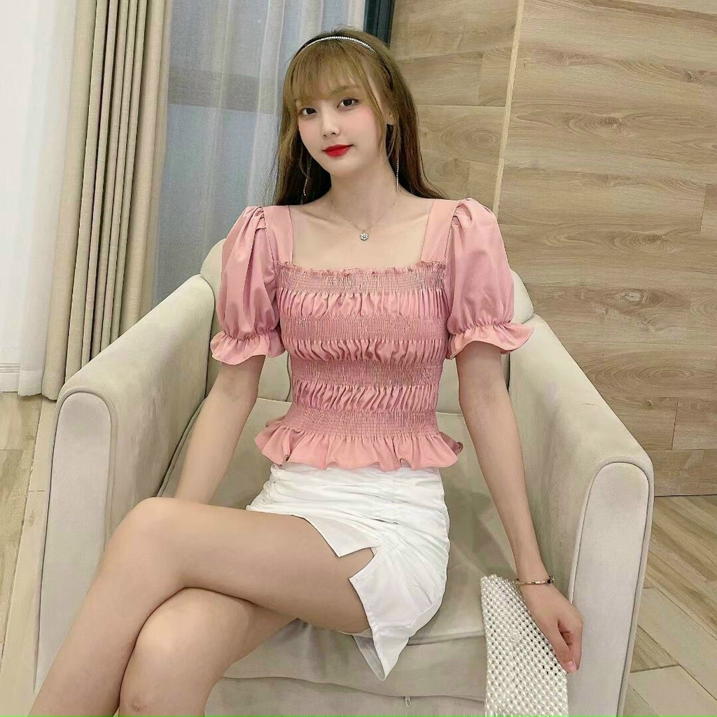 Áo cổ vuông croptop Quảng châu chun sau