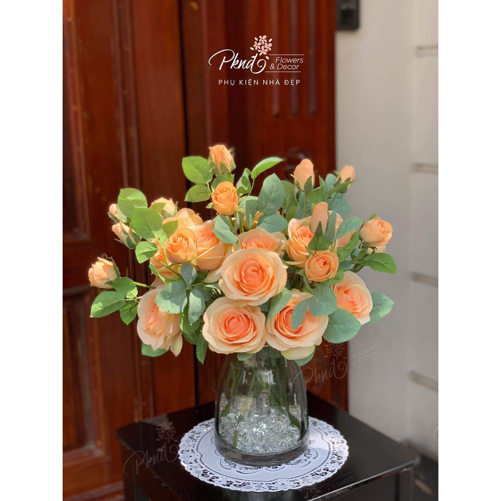 Bình hoa giả hồng cam lụa trang trí phòng khách đẹp PKND FLOWERS & DECOR BH31