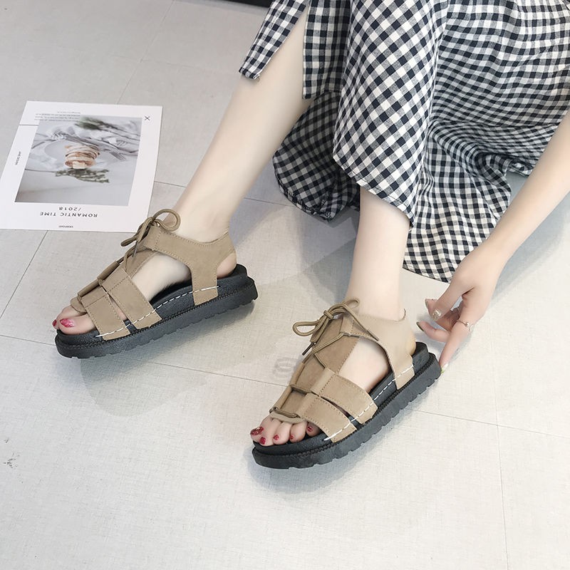 Giày Sandal Đế Bằng Thắt Dây Phong Cách Harajuku Cho Nữ
