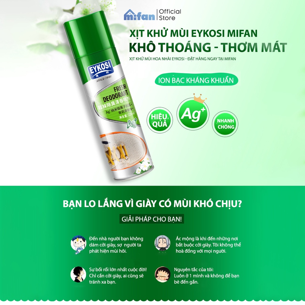 Chai Xịt Khử Mùi Giày EYKOSI 225 ml Hương Hoa Nhài - Công Nghệ ION Bạc, Loại Bỏ Mùi Hôi Triệt Để, Kháng Khuẩn - MIFAN