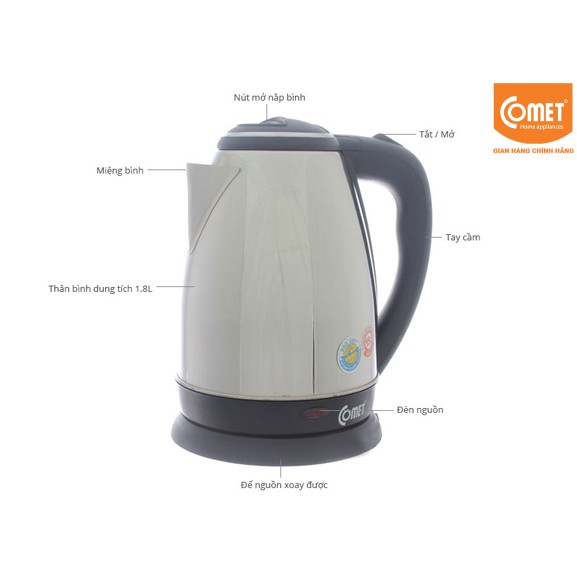 CM8219 - BÌNH ĐUN SIÊU TỐC INOX COMET 1.8L - BẢO HÀNH CHÍNH HÃNG 12 THÁNG