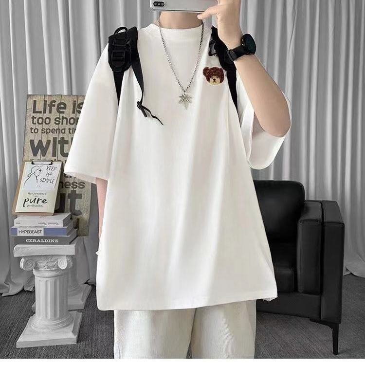 Áo Thun Tay Ngắn Dáng Rộng Có Khóa Kéo Thêu Hình Gấu Dễ Phối Đồ Thời Trang Mùa Hè Cho Nam