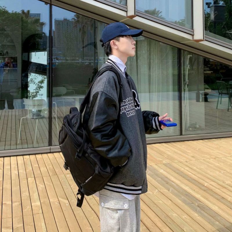 ÁO KHOÁC BÓNG CHÀY ĐÓNG CÚC PHỐI TAY DA HÀNG QUẢNG CHÂU