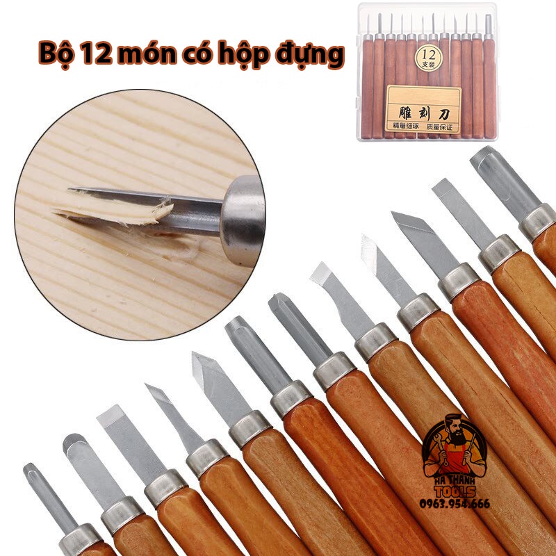 Bộ 12 Dao Tiện Khắc Trổ Gỗ Thép SK5 Cao Cấp Kèm Hộp Đựng Nhựa - NHỎ GỌN, SẮC BÉN, TIỆN DỤNG, ...