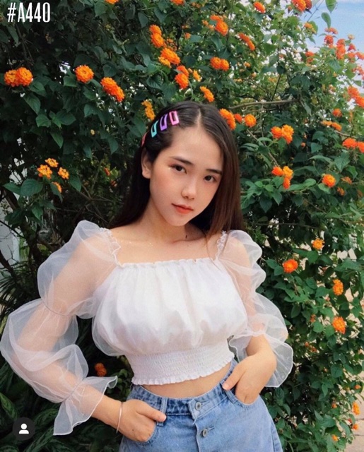 Áo xốp trễ vai tay bồng / Áo crop top Hà Lan Mắt Biếc
