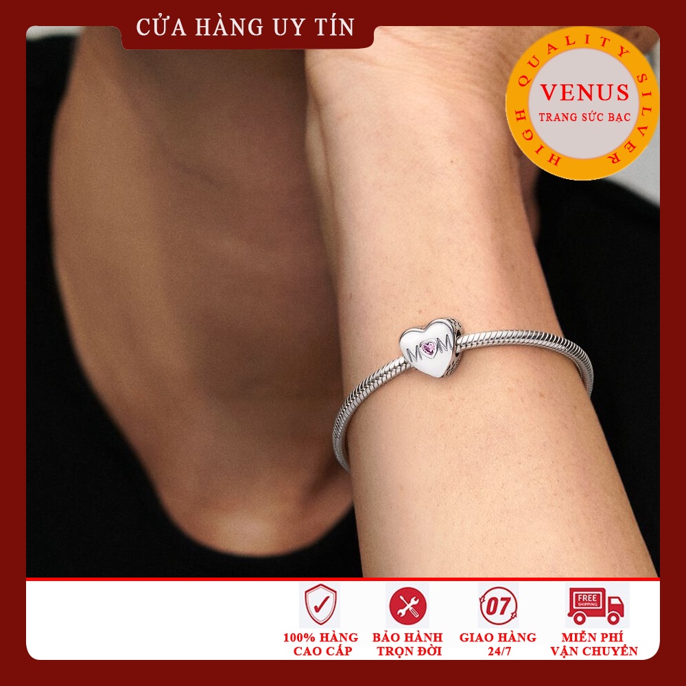 Charm tim Mom đá hồng- Bạc 925 cao cấp- Trang sức bạc VENUS